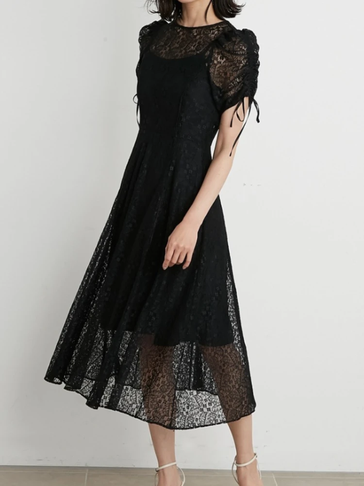 

Стильные платья для женщин, элегантное облегающее однотонное платье с поясом, кружевными крючками и цветами, летнее платье-рубашка