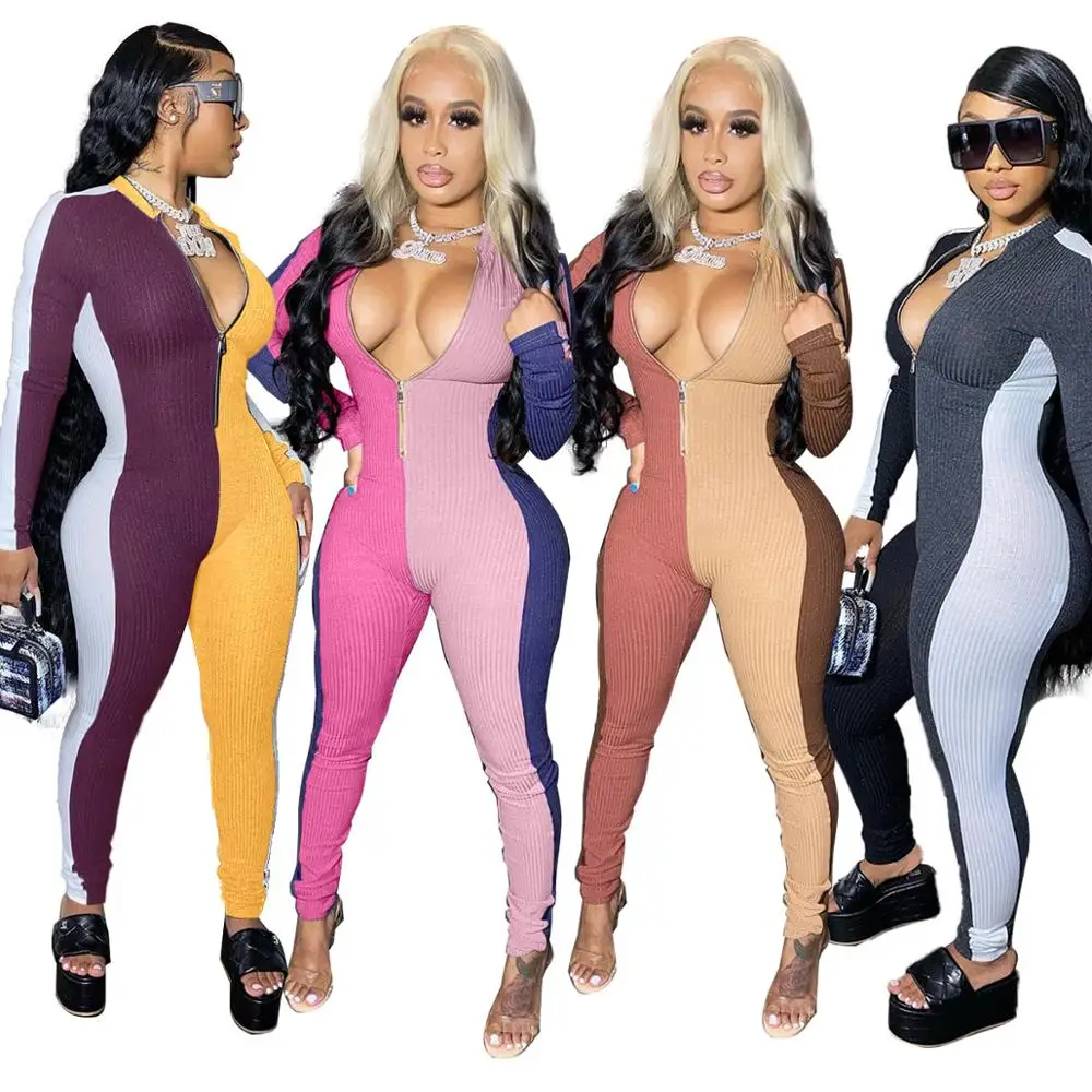 

2022 new Women Ribbed Jumpsuits Long Sleeve Turtleneck High Elasticity Zippers Rib Bodysuit Print Raised