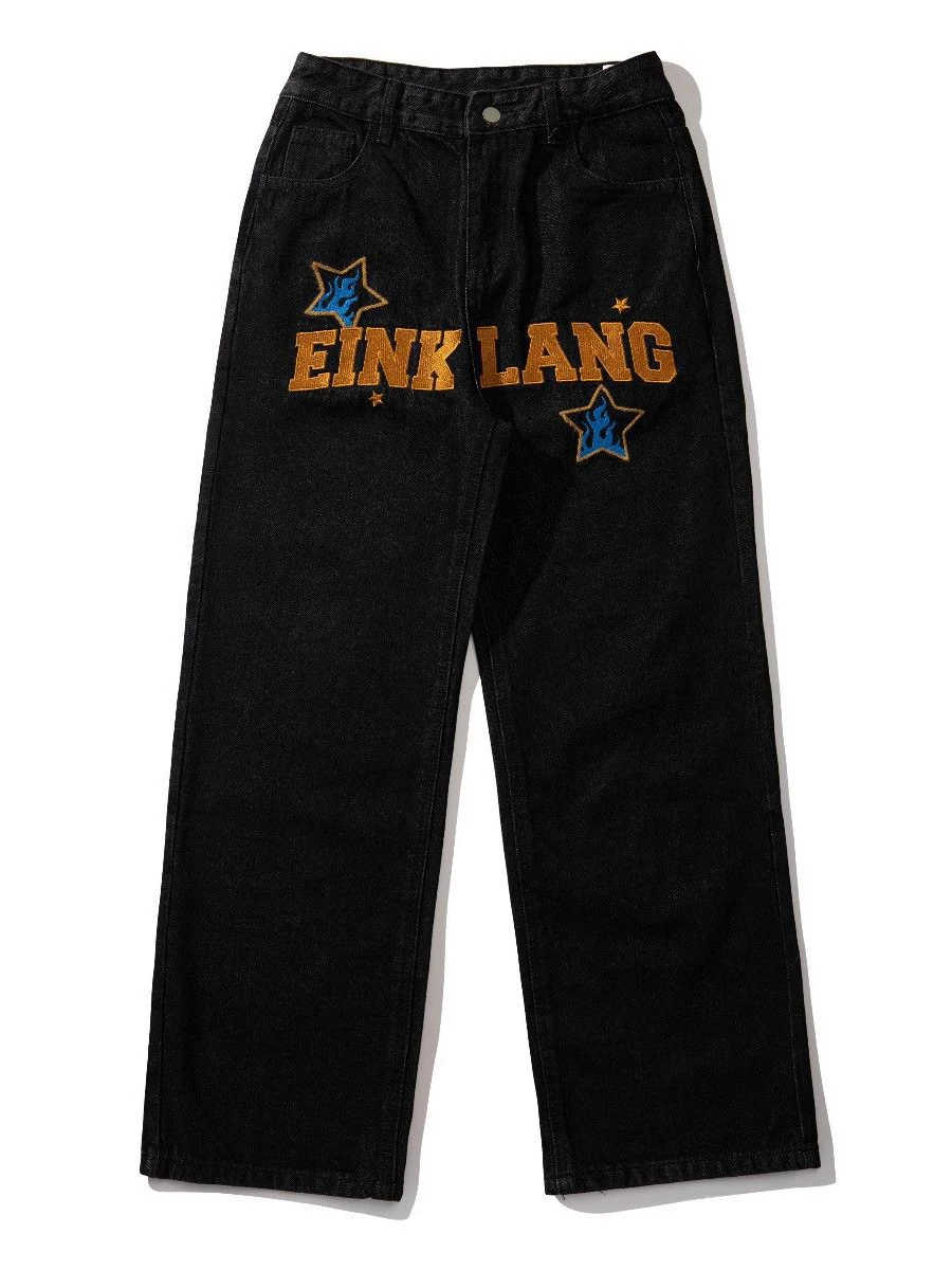 Four Seasons Men's Jeans Korean Letter Printed Trousers Street Washed Unisex Hip Hop Loose Straight Casual Pants ins Hot Sale