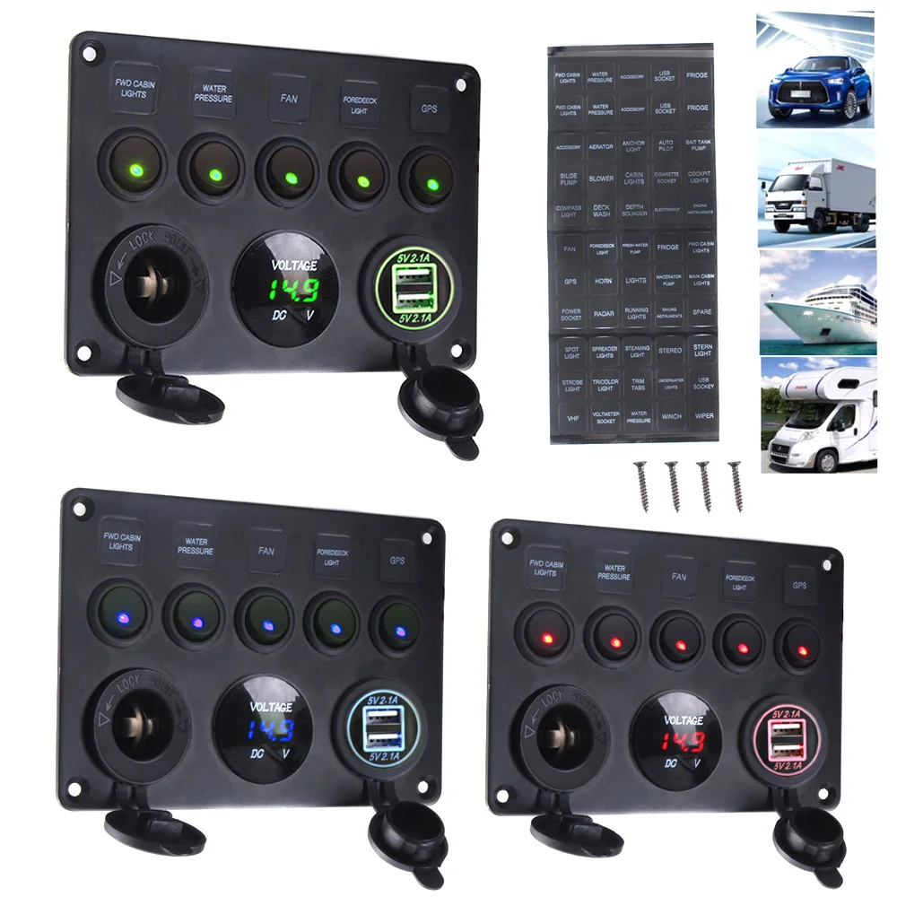 

LED Rocker Switch Panel With Digital Voltmeter Dual USB Port 12V Outlet Combination Waterproof Switches For Car Marine Boat