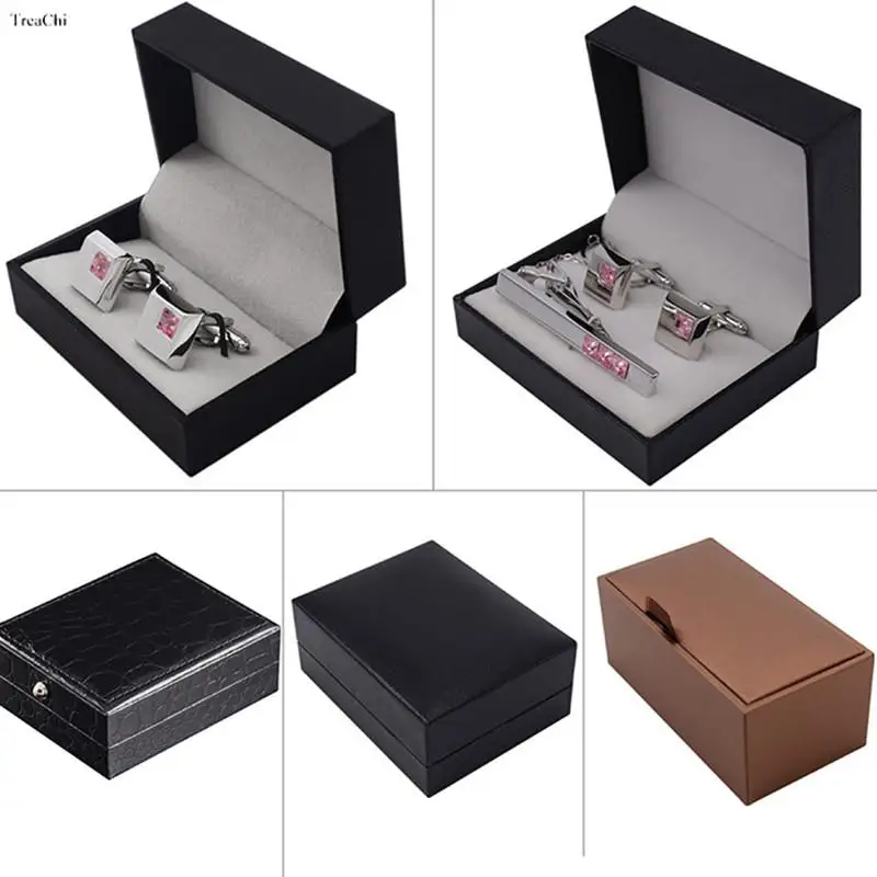 Men Wedding Black Faux Leather Case Brooch Lapel Mini Travel Jewelry Display Collection