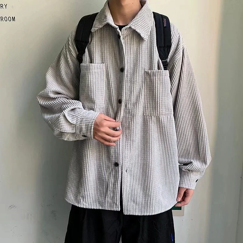 

NoEstaMal Harajuku Solid Color Men Shirts Japanese Casual Man's Cardigan Gray Shirt Male Long Sleeve Vintage Streetwear Clothing