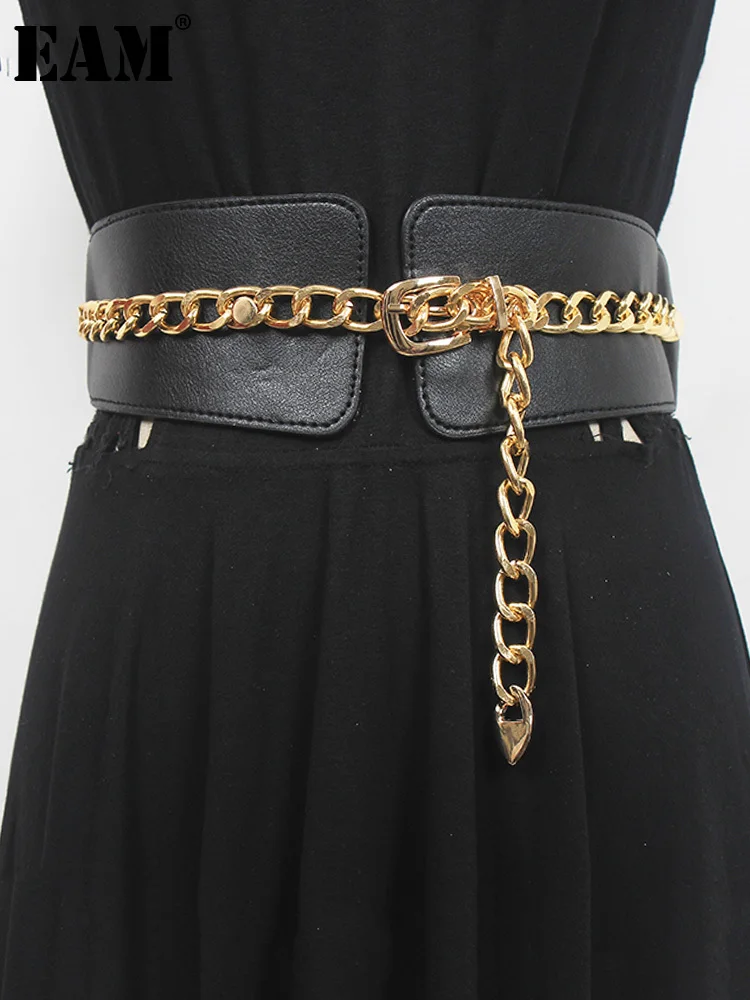 

[EAM] Pu Leather Black Metal Chain Long Wide Belt Personality Women New Fashion Tide All-match Spring Autumn 2022 1DE7742