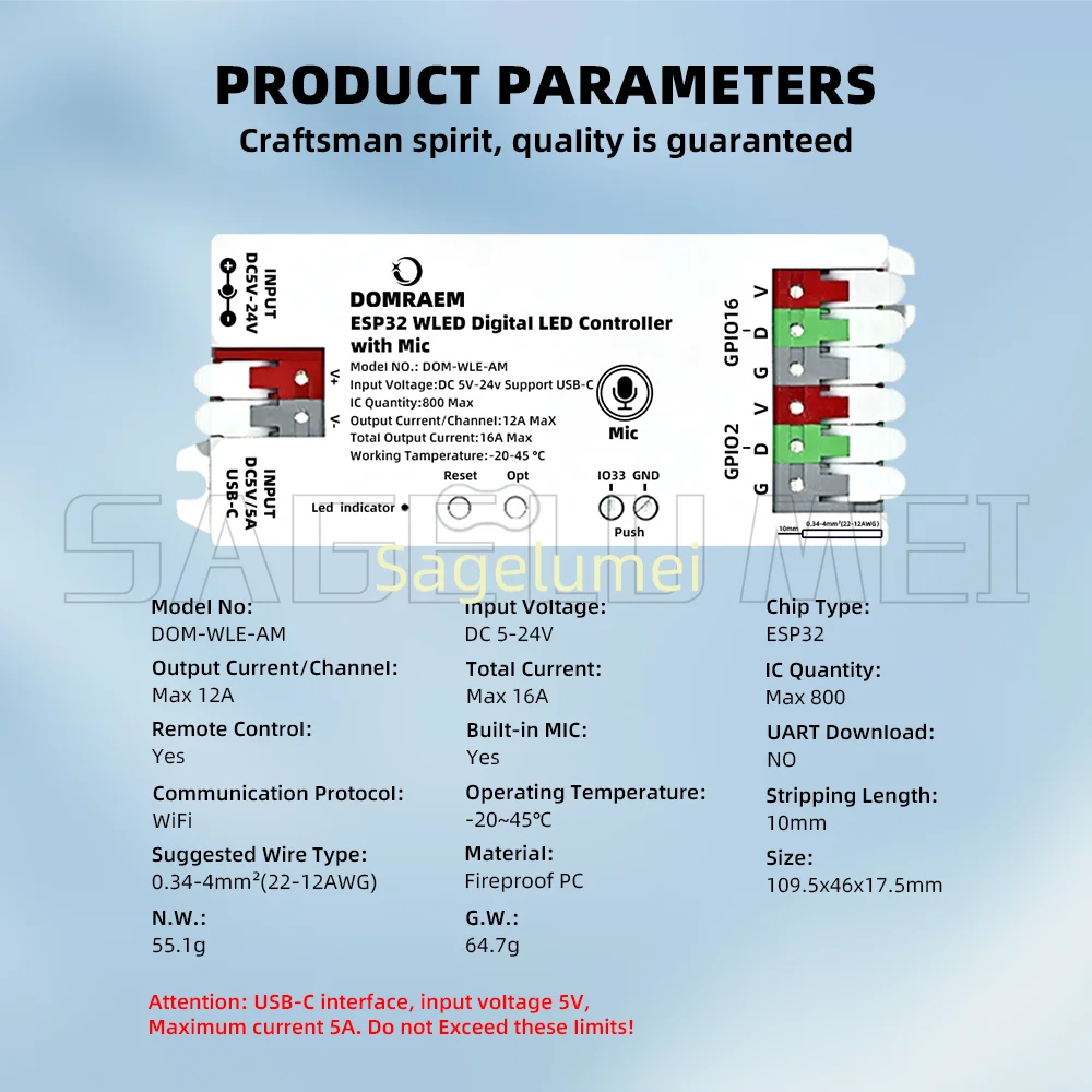 Фото DOMRAEM WLE-AM ESP32 поддерживает WS2811/2812B/2814/2805 иc работает с цифровым контроллером светодиодных лент HA/MQTT/AlexaWLED с микрофоном USB-C №3