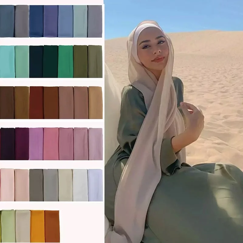72*175cm Muslim Plain Bubble Chiffon Hijab Scarf Women Headband Soft Long Shawls Wraps Head Scarf Bandana Georgette Scarves
