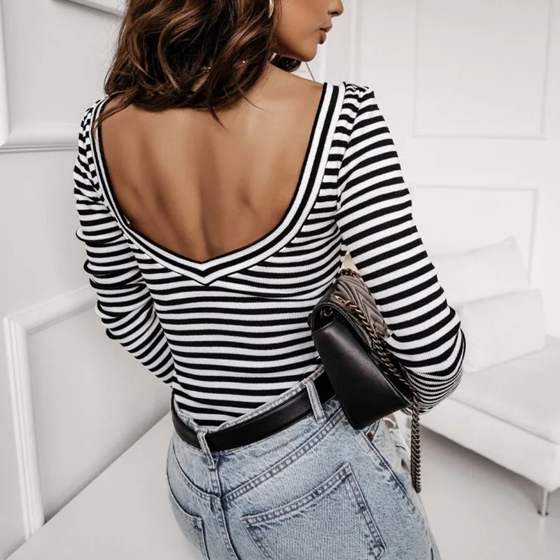 

Sexy Double V-neck Backless Hollow Out Blouses Women Elegant Striped Print Office Shirts Spring Autumn Long Sleeve Tops Pullover