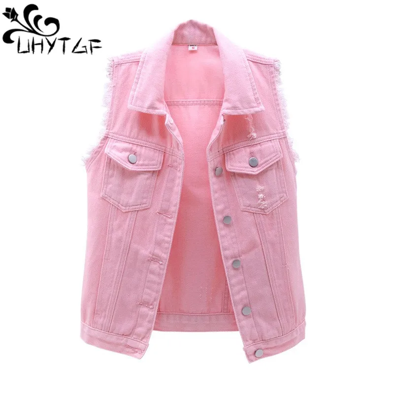 

UHYTGF Vest Women Coat Hole Sleeveless Short Jeans Jacket Female Single Breasted Slim Spring Summer Denim Waistcoat Women 7XL381