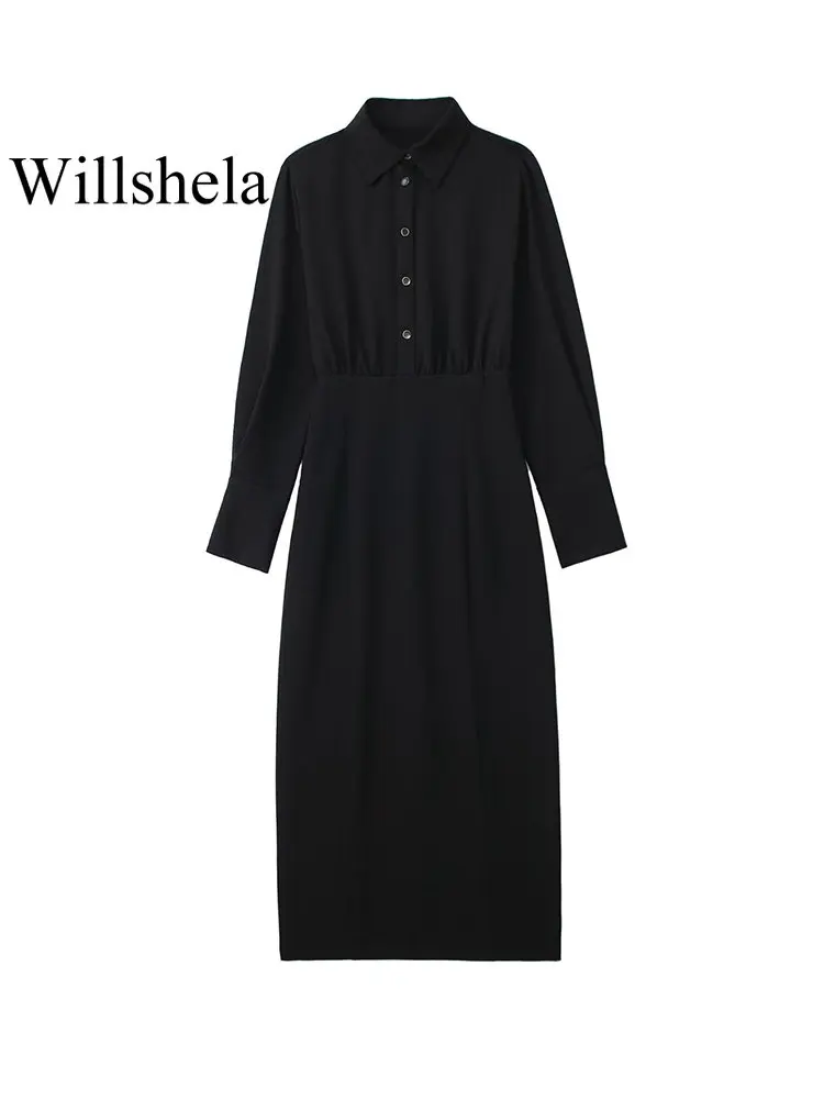 

Willshela женское модное однотонное однобортное платье миди с боковой молнией и разрезом сзади, винтажные женские платья с отворотом и длинными...
