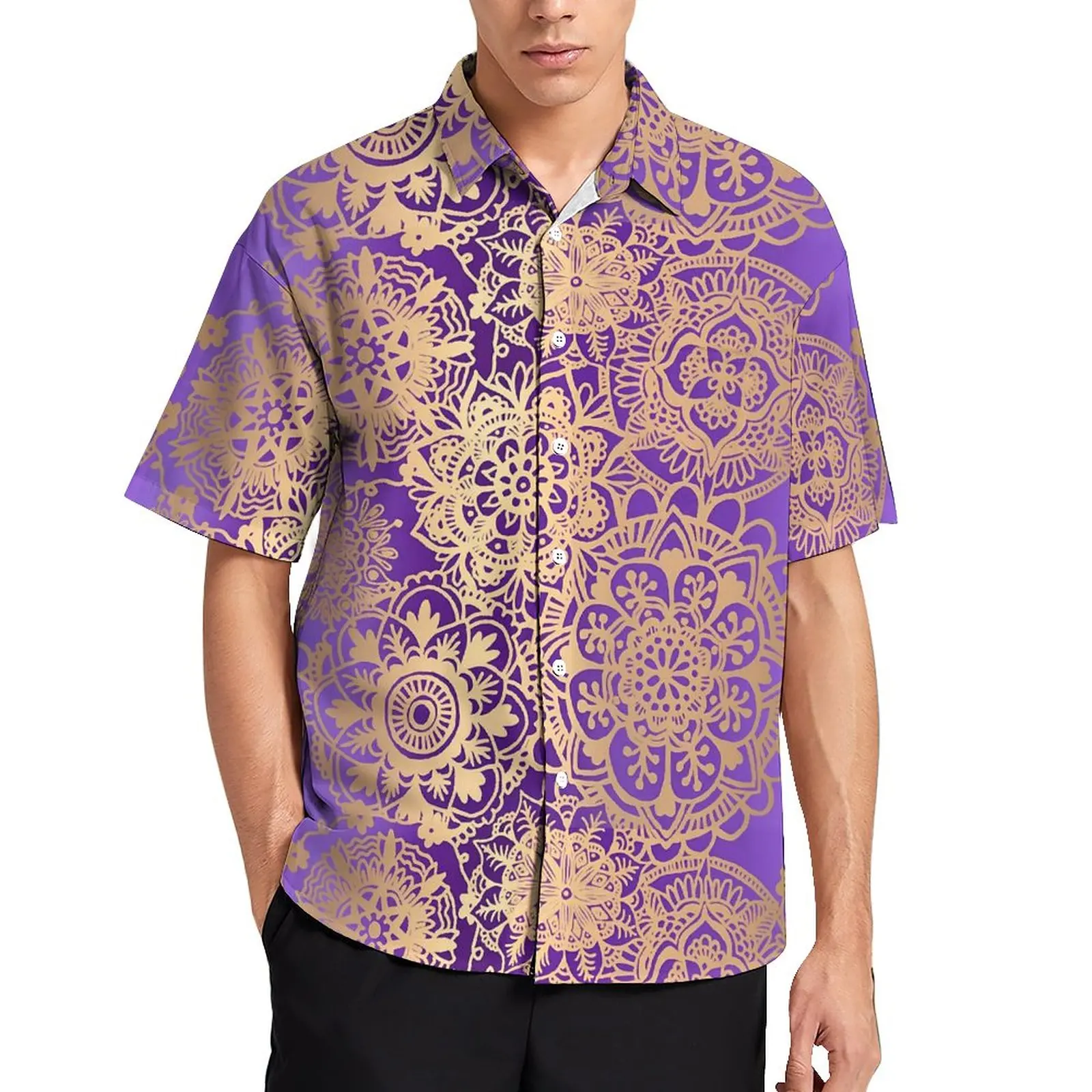 

Boho Mandala Loose Shirt Male Vacation Purple and Gold Casual Shirts Hawaiian Printed Short Sleeve Streetwear Oversized Blouses