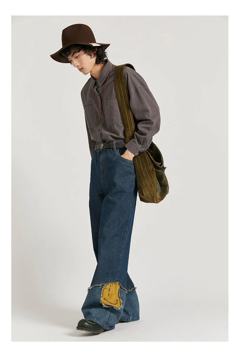 Jeans design sense men and women spring and autumn loose straight stitching design sense retro wide-leg pants hip-hop trousers