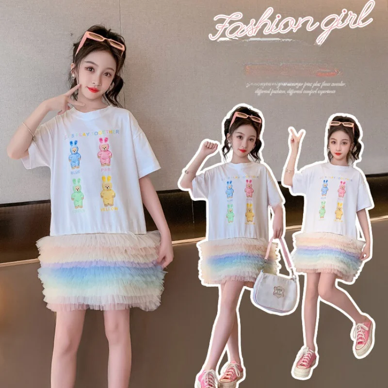 

Girls dress Fashionable T Skirt 2023 Summer New Fashionable Cartoon Little Bear Cake Bear Children Colorful Mesh Knitted Skirt