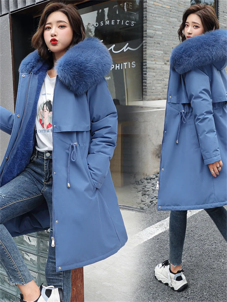 Women Coat 2022 Winter New Fashion Add Wool Thick Warmth Fur Collar Hooded Parkas Down Cotton Jacket Slim Tops Clothing Feminina