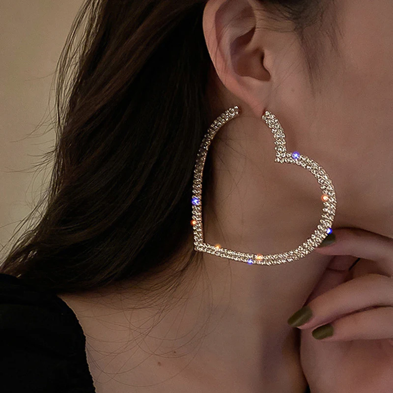 

Exaggerated Full Rhinestone Heart Shaped Hoop Earrings for Women Girls Sweet Birthday Party Jewelry Gifts Wholesale