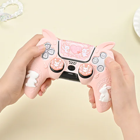 Розовый силиконовый чехол для Sony Dualsense 5 Caysolle Cute Bunny