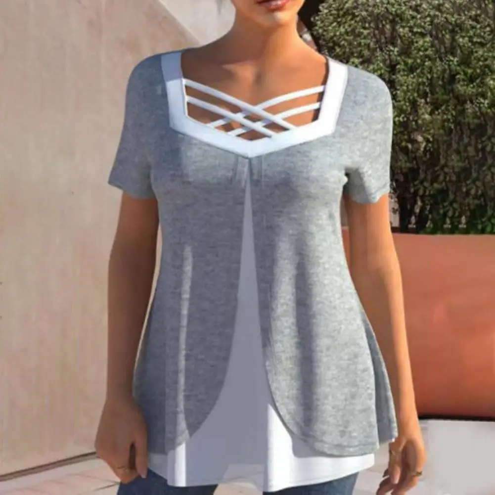 

Thin Sweat Absorbing Fake Two Pieces Flower Print T-shirt Streetwear