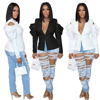 ladies blazer 2022 spring and autumn sexy streetwear solid color bubble long sleeve off shoulder suit small jacket women
