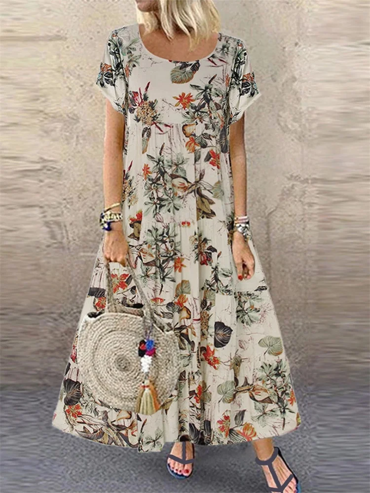 

2022 New Vintage Floral Long Dress Women Summer Elegant Linen Short Sleeve Boho Maxi Dress Female Holiday Sundress Party Dresses