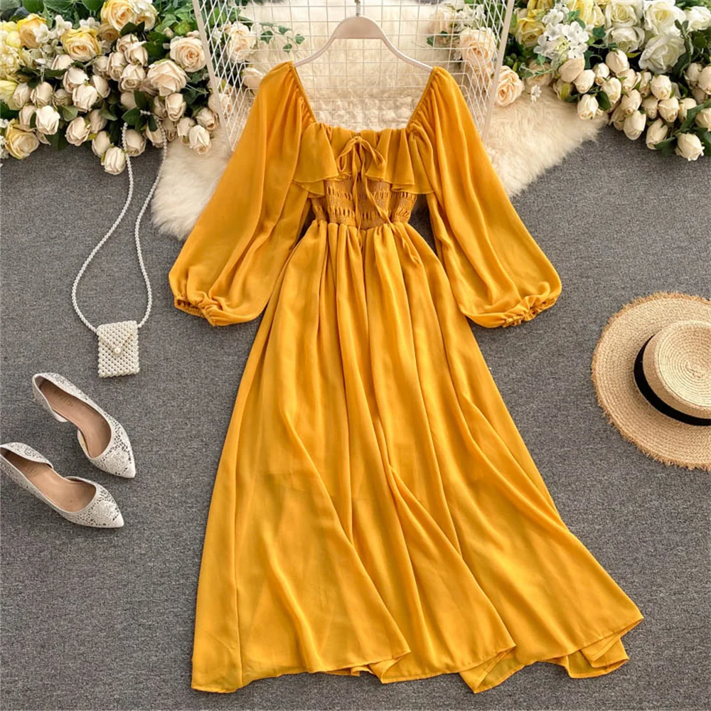 Women Vintage Spring Autumn Chiffon Dress Fashion Long Sleeve Long Dresses French Elegant Gown Female Clothing