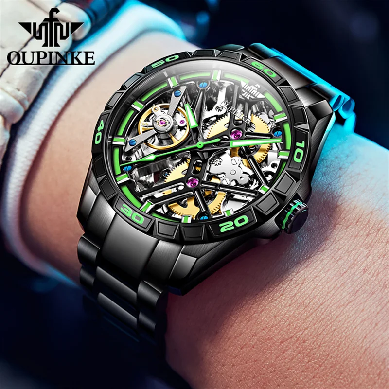 

OUPINKE 50mm Men Mechanical Wristwatches Black Steel Luminous Automatic Man Luxury Skeleton Watch For Men's Gift Montre Homme