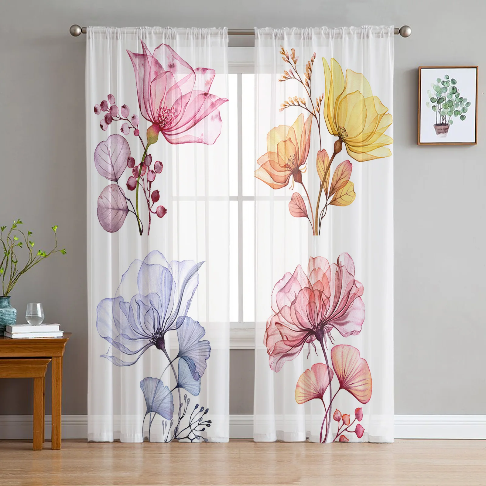 Прозрачные тюлевые занавески с акварельными цветами шторы для гостиной дома