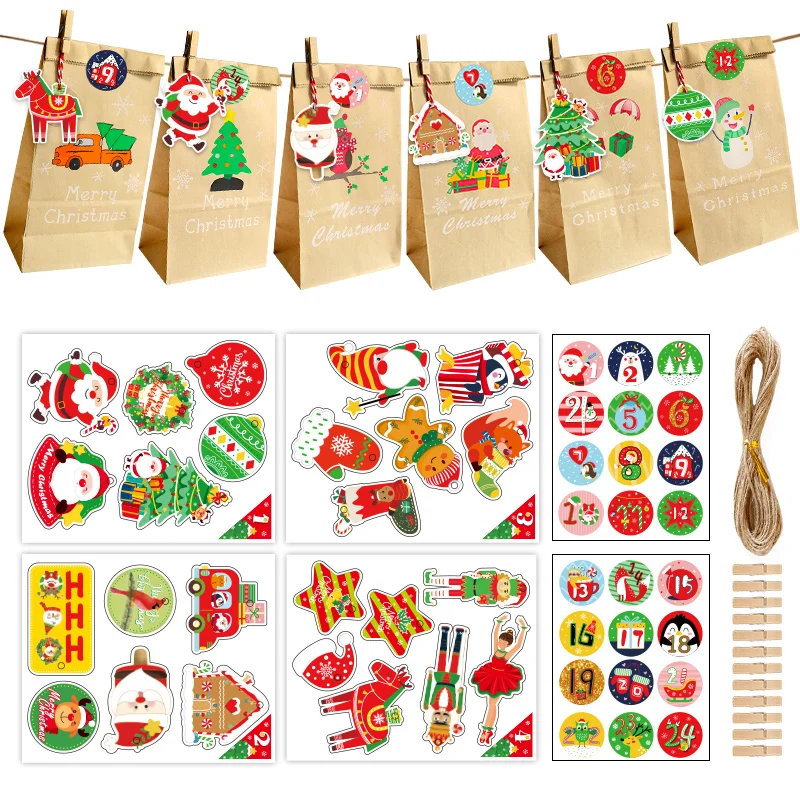 

24Sets Kraft Paper Christmas Advent Calendar Bag Holiday Countdown Xmas Party Favor Treat Sack Candy Gift Wrapping Supplies