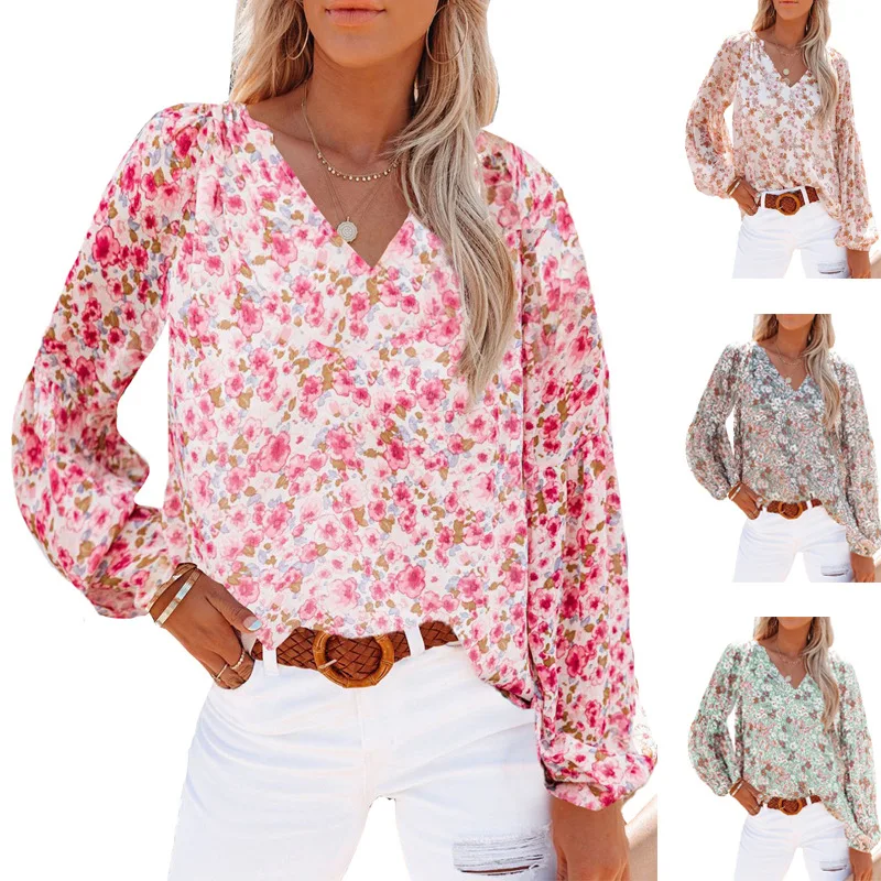 Autumn Winter Elegant Fashion Women Floral Chiffon Shirt V Neck Puff Long Sleeve Shirt Boho Print Casual Loose Top T Shirt