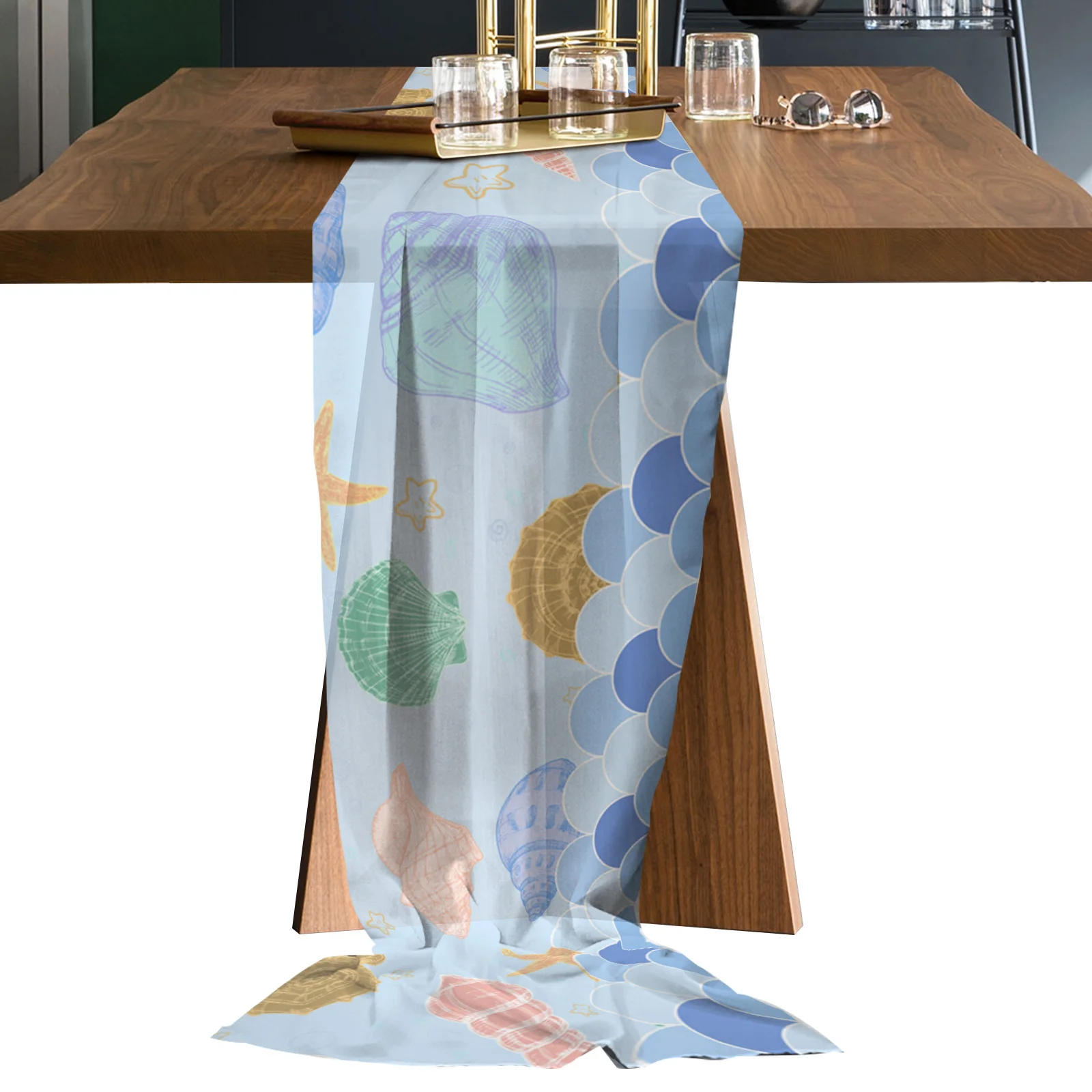 

Ocean Shell Starfish Table Runner Sheer Chiffon Luxury Boho Wedding Party Birthday Gauze Tablecloth