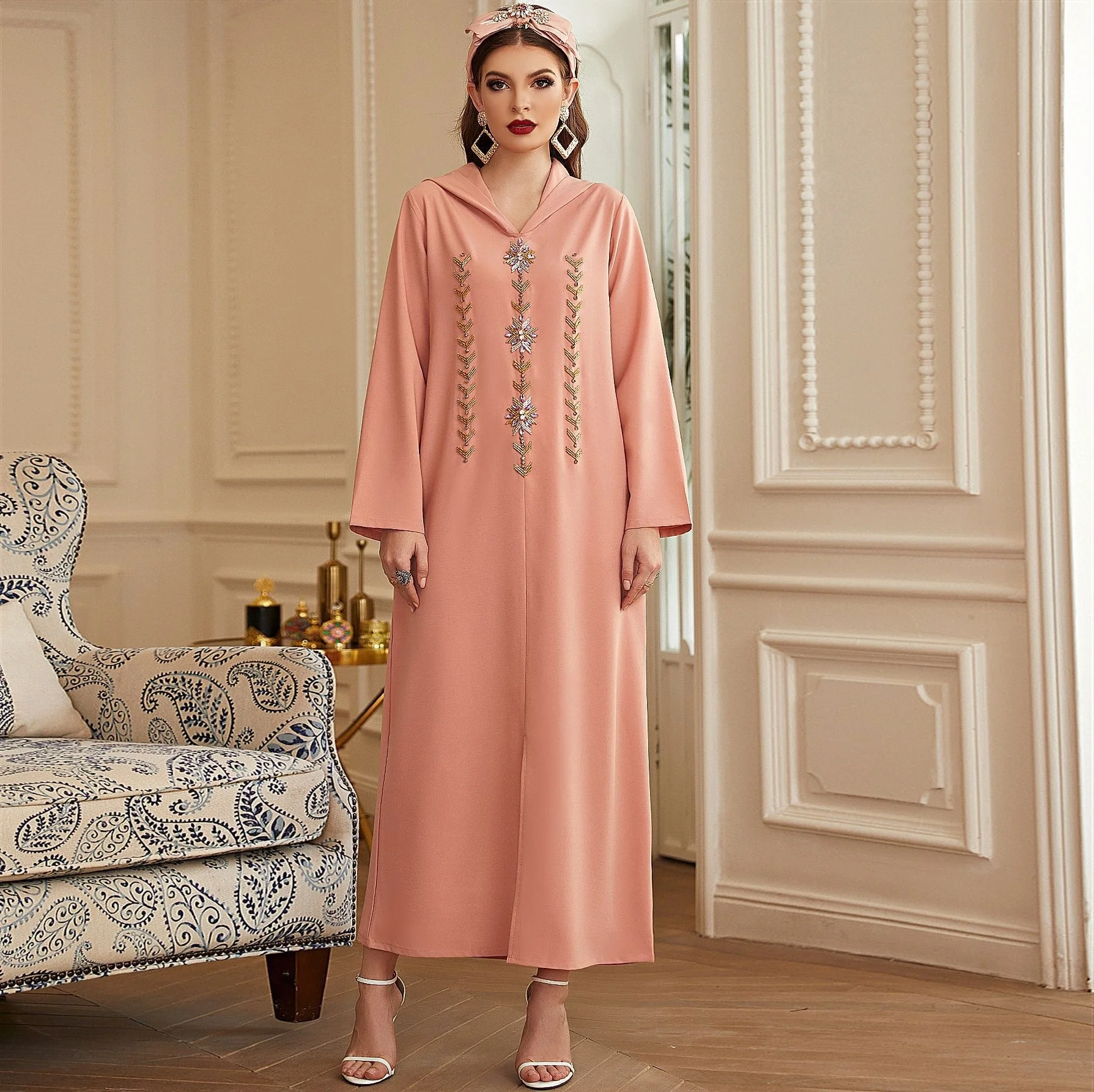 

Jellaba Abaya For Women Muslin Dubai Turkish Long Dress Pink Gold Tube Hand Diamond Hooded Robe Abaya Muslim Women's Robe