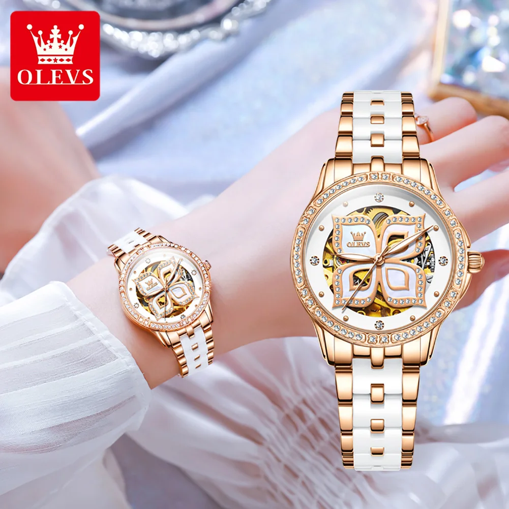 OLEVS Watches for Women Diamond Ceramics Strap Waterproof Automatic Mechanical Watch Fashion Four Leaf Clover Ladies' Wristwatch enlarge