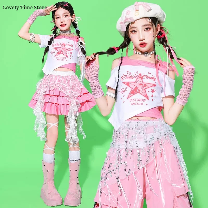 Фото Комплекты одежды для девочек: укороченный топ в стиле K-pop, розовые брюки карго, юбки для уличных танцев, детские костюмы, хип-хоп уличная одежда, джазовые наряды для девочек-групп №3