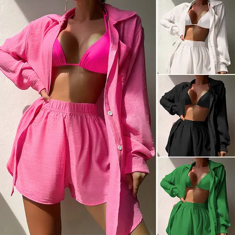 Solid Color Beach Cover Up Tunic Shirt Shorts Set Loose Sun Protection Clothing Casual Beach Outfits for Women Swimsuit Blouse