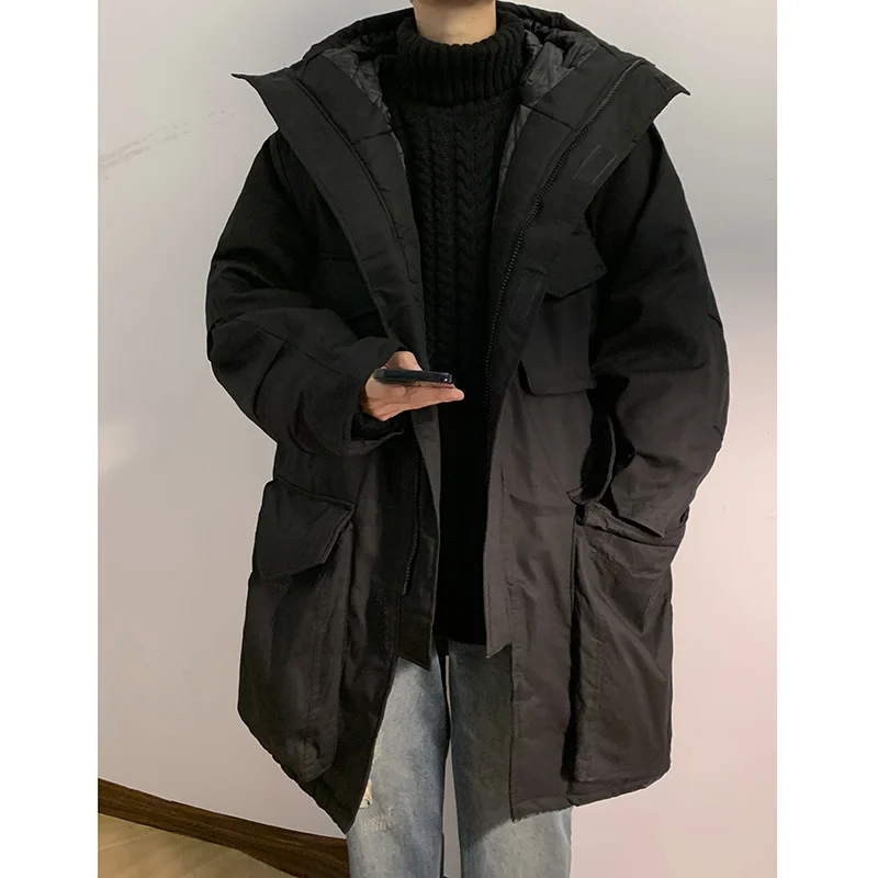 Winter Jacket Men Warm Fashion Retro Pocket Thickened Down Jacket Men Streetwear Korean Loose Mid Length Hooded Coat Mens Parker