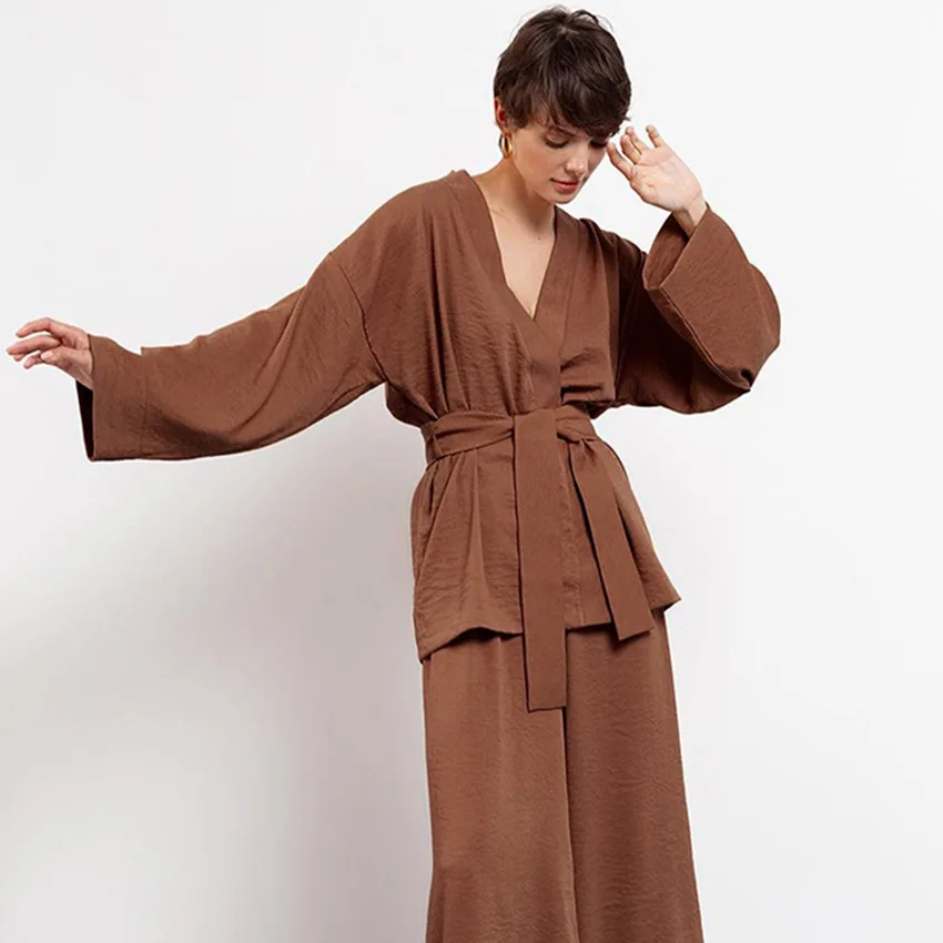 Long Sleeved Pajamas Set Cardigan Nightgown Robe Trousers Two Piece Set Loose Fashion Woman Leisure Wear New