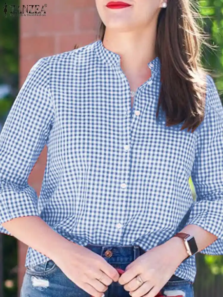 

Винтажная женская рубашка ZANZEA с рукавами 3/4 и оборками, осень 2022, Клетчатая блузка в клетку, повседневные блузы на пуговицах, женские праздни...