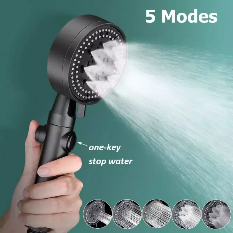 

5 Modes Adjustable Black Bath Shower Head High Pressure Water Saving Shower Stop Water Shower Head One-Key Stop Bathroom Tool