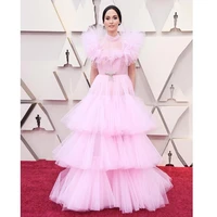 sevintage elegant pink pleated tiered ruffled tulle prom dresses high neck puff sleeves a line evening gowns long party dress