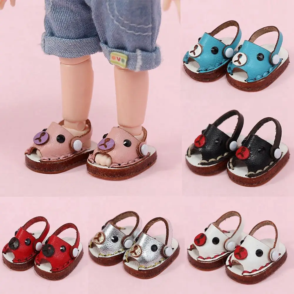 

New Casual Handmade Cute Cowhide Dolls Bear Slippers for 1/11 OB11 Shoes Leather 1/12 BJD Doll Shoes Sandals For obitsu11GSC