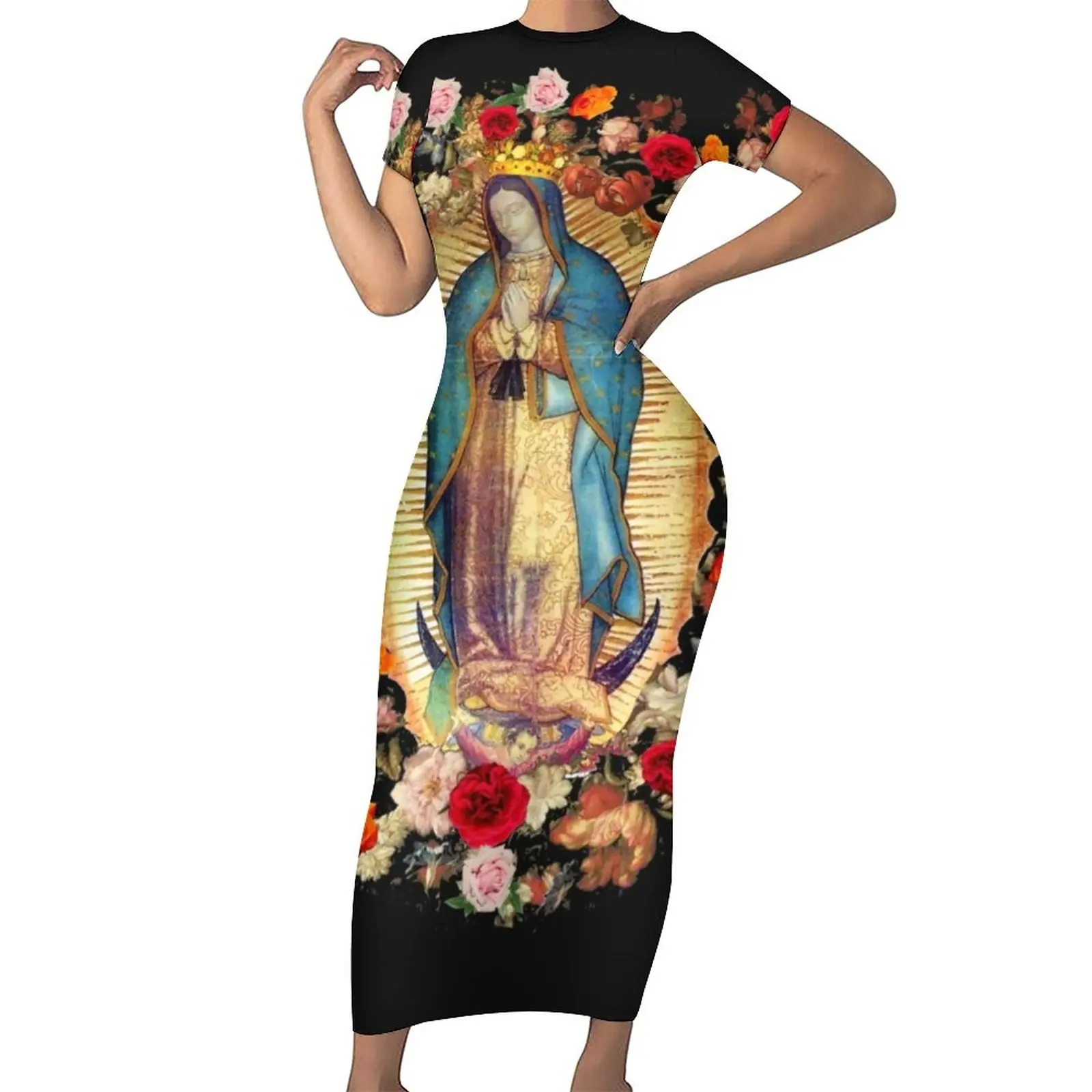 

Mexican Virgin Mary Dress Ladies Floral Print Aesthetic Bodycon Dress Summer Short Sleeve Kawaii Maxi Dresses Oversized Vestido