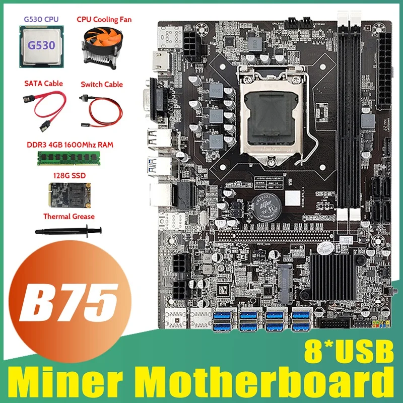 

Материнская плата B75 BTC для майнинга 8XUSB3.0 + G530 ЦП + DDR3 4 ГБ ОЗУ + 128G SSD + вентилятор + кабель SATA + кабель переключателя + термопаста