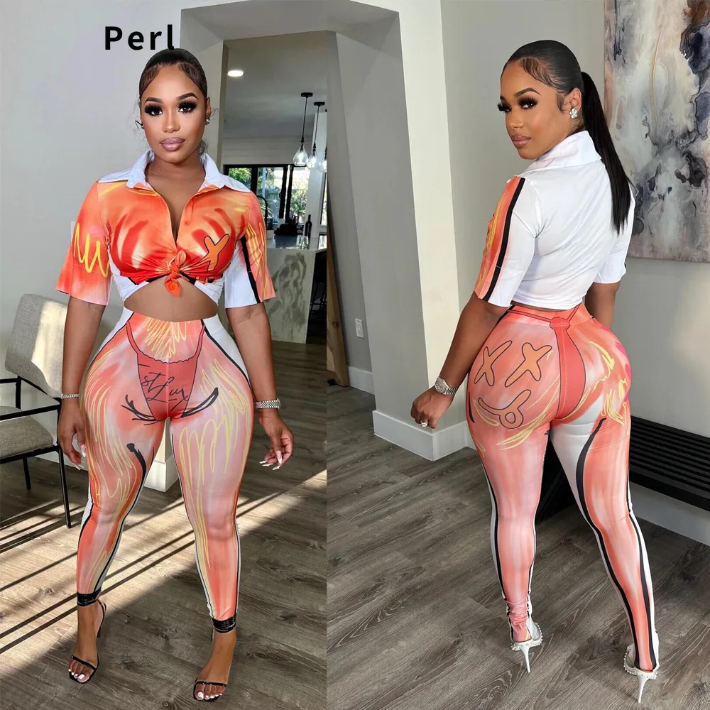 

Perl Printed Temperament Commuter Sweet Short-sleeved Temperament Pants Suit Ensemble Femme 2 Pièces été women matching set
