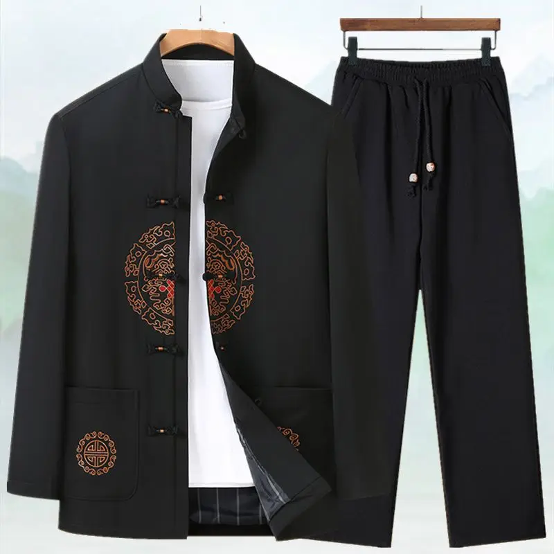 

Spring Autumn New Chinese Style Tang Suit Men Jackets Coats And Pants Kung Fu Sets Male Vintage Button Streetwear Windbreaker