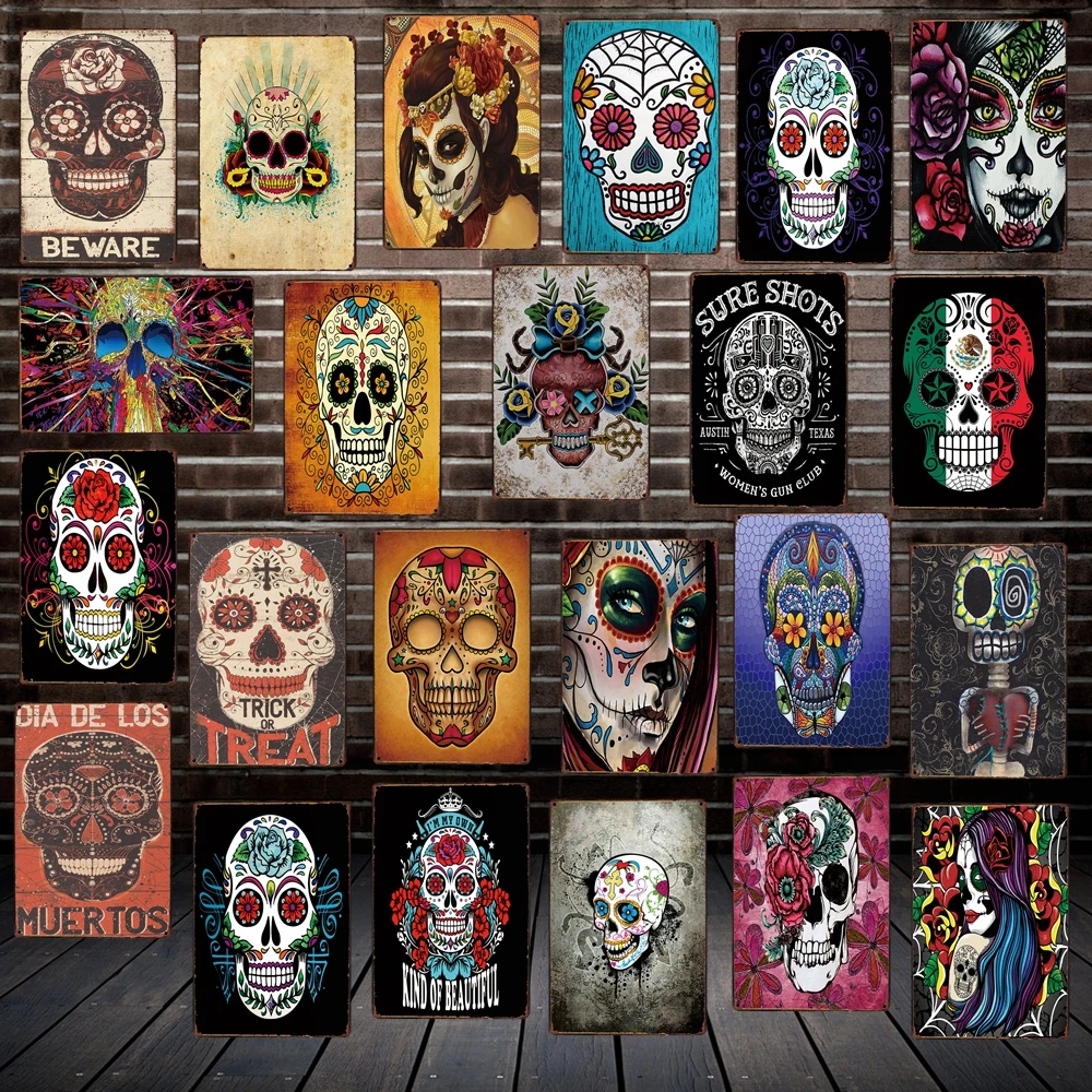 

]Sugar Skull Mexican Style Metal Tin SIGN Tattoo parlors Shop decor Party Vintage Poster Antique Iron Painting