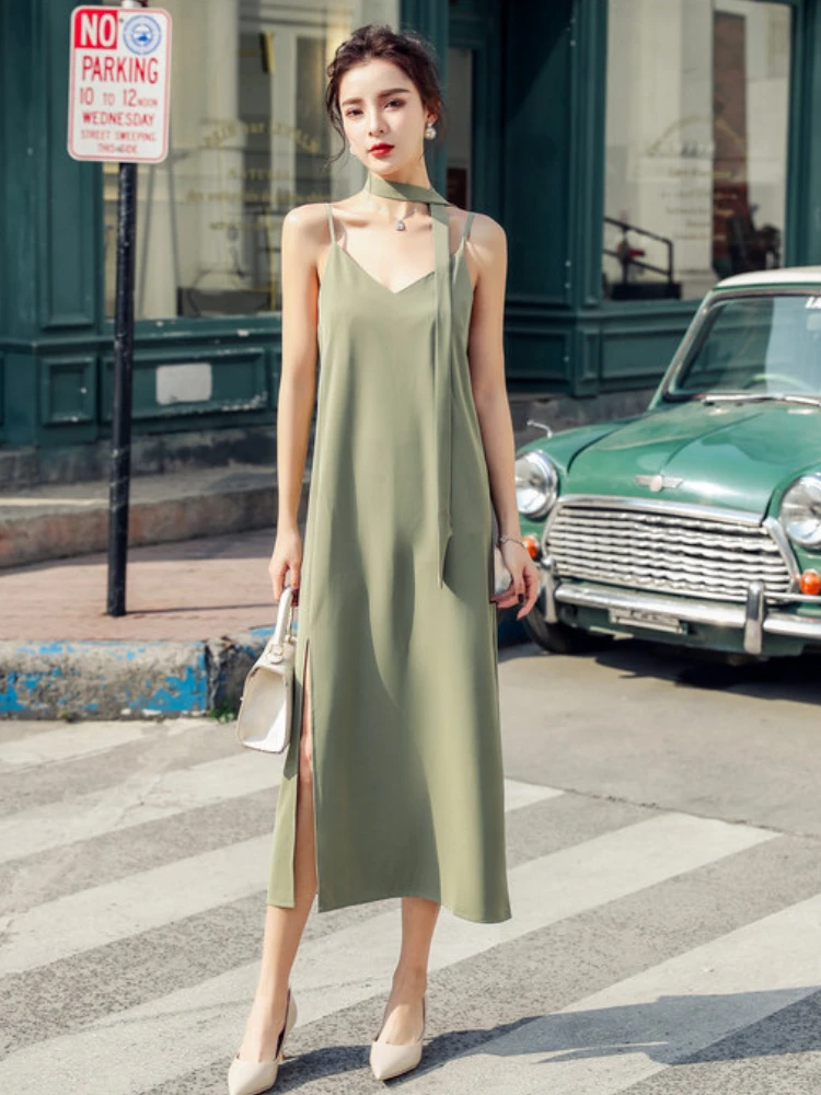 

Spaghetti Strap Dresses Summer 2023 New in French Black Green Long V-neck Midi Chic and Elegant Woman Dress Sexy A Line Skirt