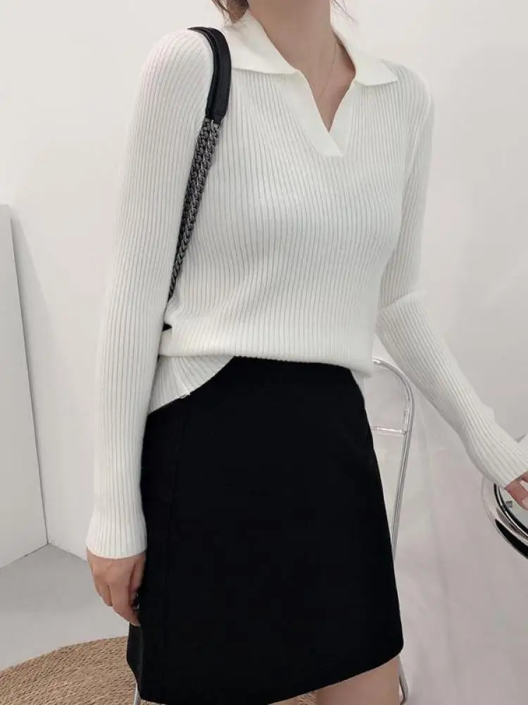 Женский осенне-зимний пуловер с лацканами