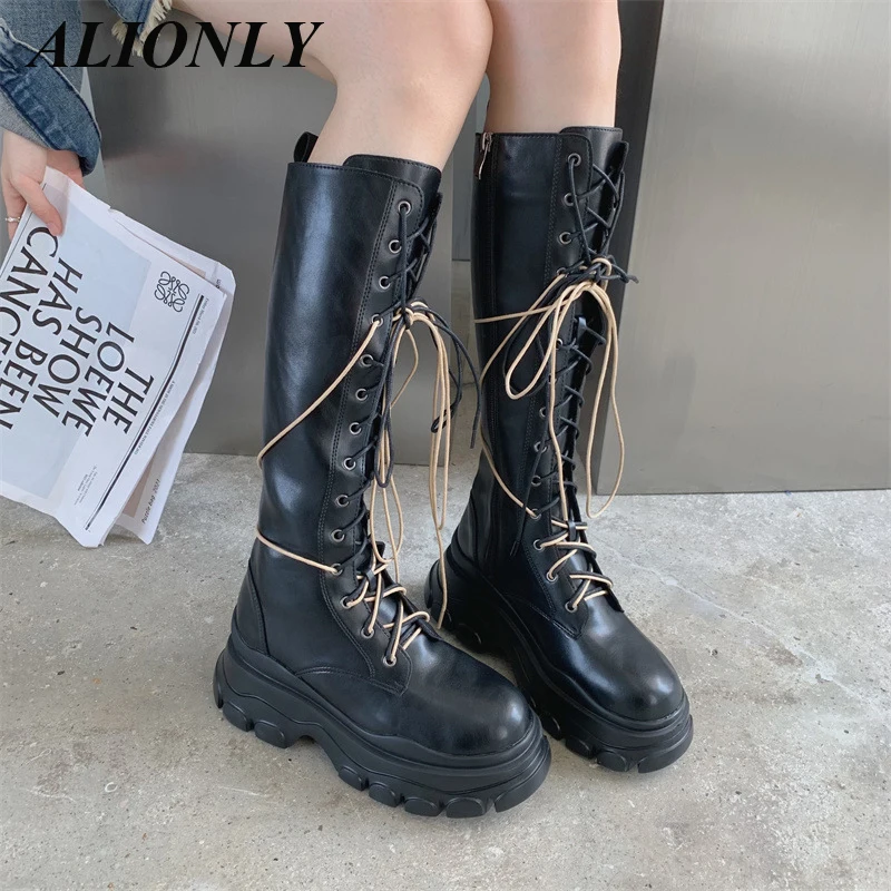 

Женские высокие ботинки Alionly, новинка осень-зима 2023, мотоциклетные ботинки Martin на толстой подошве, Длинные рыцарские ботинки до щиколотки