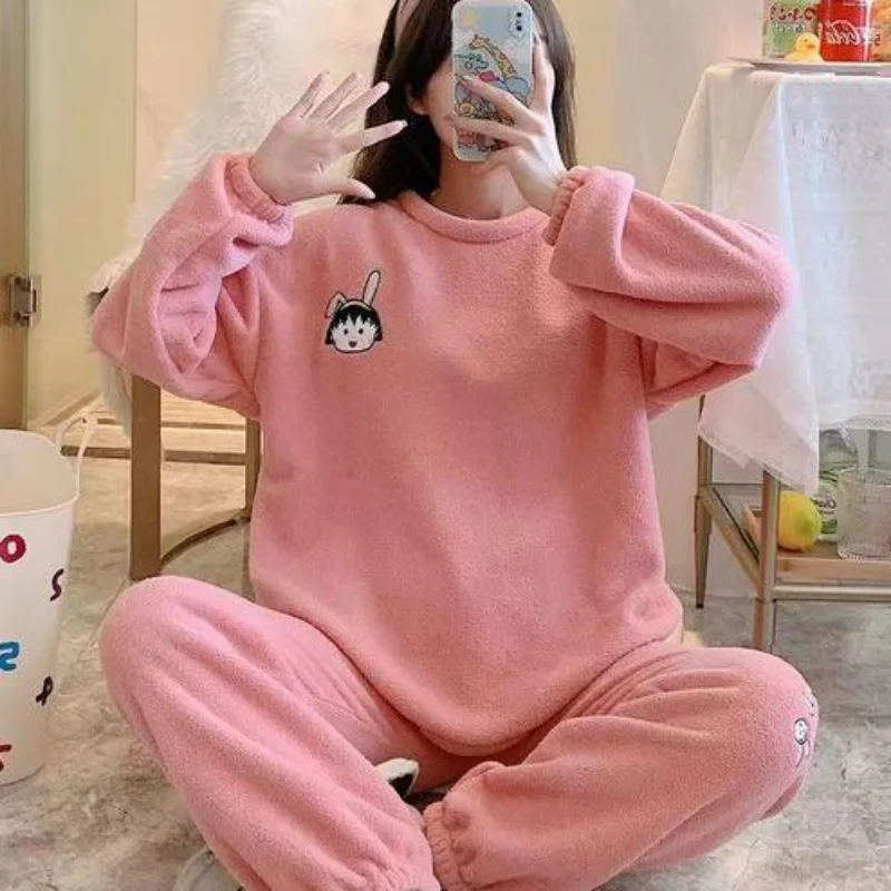 New Winter Women's Pajama Suit Warm Flannel Pajamas Coral Velvet Sleep Top Korean Fashion Home Clothes Basics