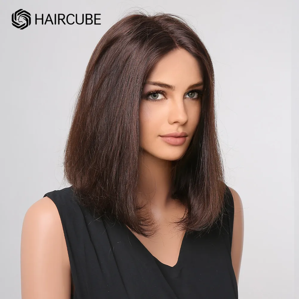 HAIRCUBE Lace Front Dark Brown Bob Human Hair Wigs for Women Shoulder Length Straight Natural Chocolate Brown Wig Middle Part