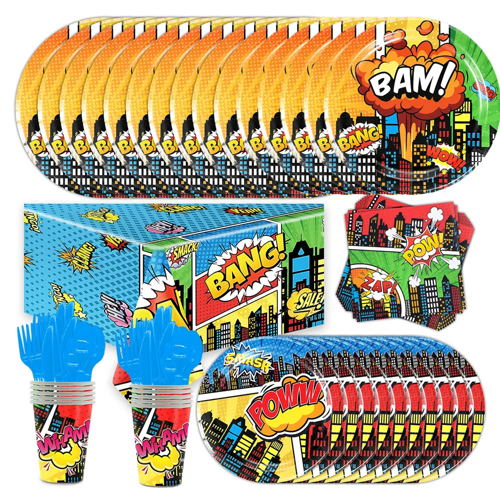 

Superhero City Theme Party Decoration Include Paper Cup Napkin Plate Balloon Banner Tablecloth Kid Birthday Baby Shower Supplies