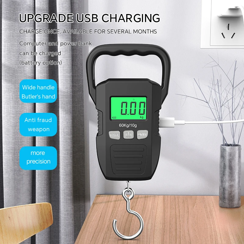 

60kg/10g LCD Portable Hanging Scale USB Digital Recharged Hook Scales For Courier Hunting Luggage Home Weighing Balance Tools