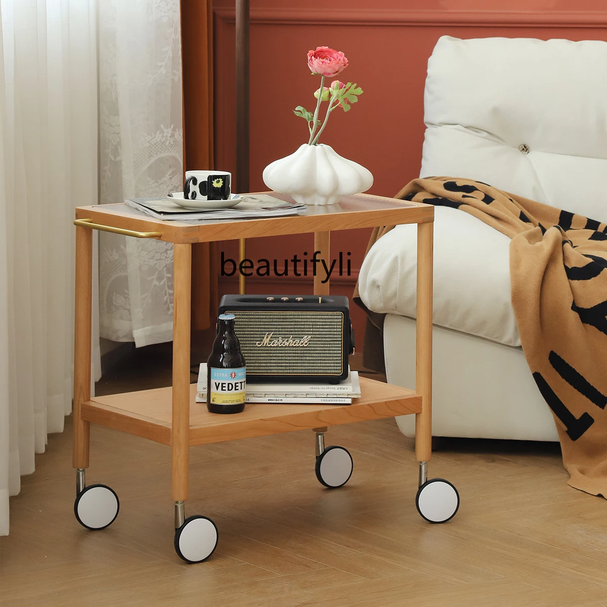

zqMobile Trolley Living Room Sofa Side Table Glass Tea Table with Wheels Japanese Retro Cherrywood Bedroom